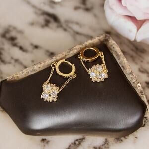 NEW 18K yellow gold plated zirconia beads drop chain hoop earrings jewelry B19A